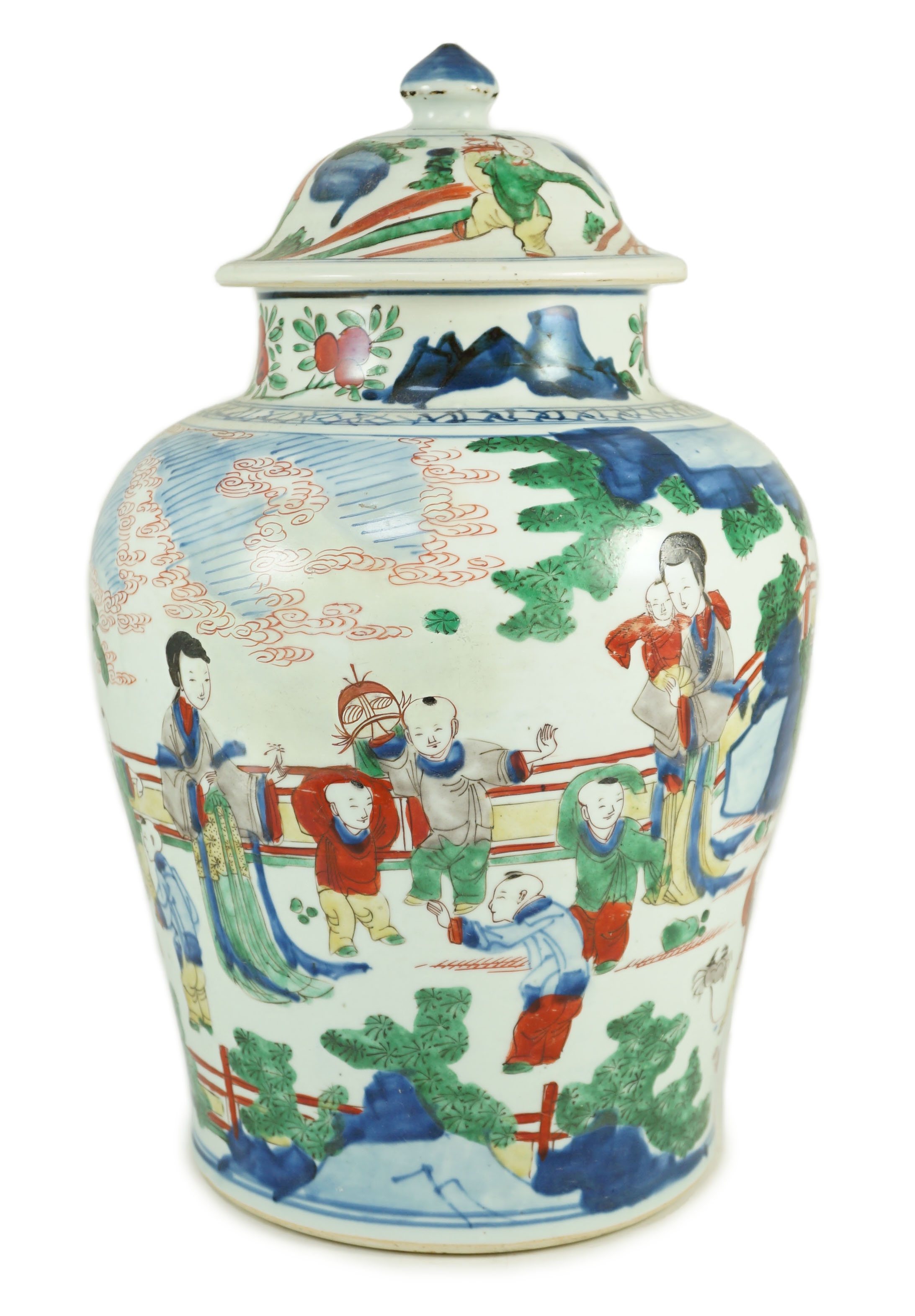 A Chinese Transitional wucai 'boys' vase and cover, c.1640, 41cm high